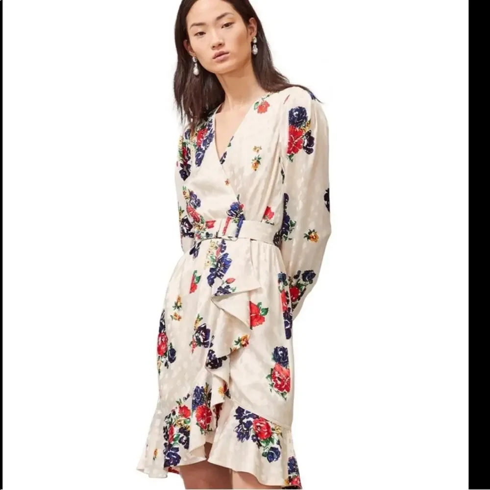 Tory Burch Floral Ruffle Silk Belted Wrap Dress Size 8